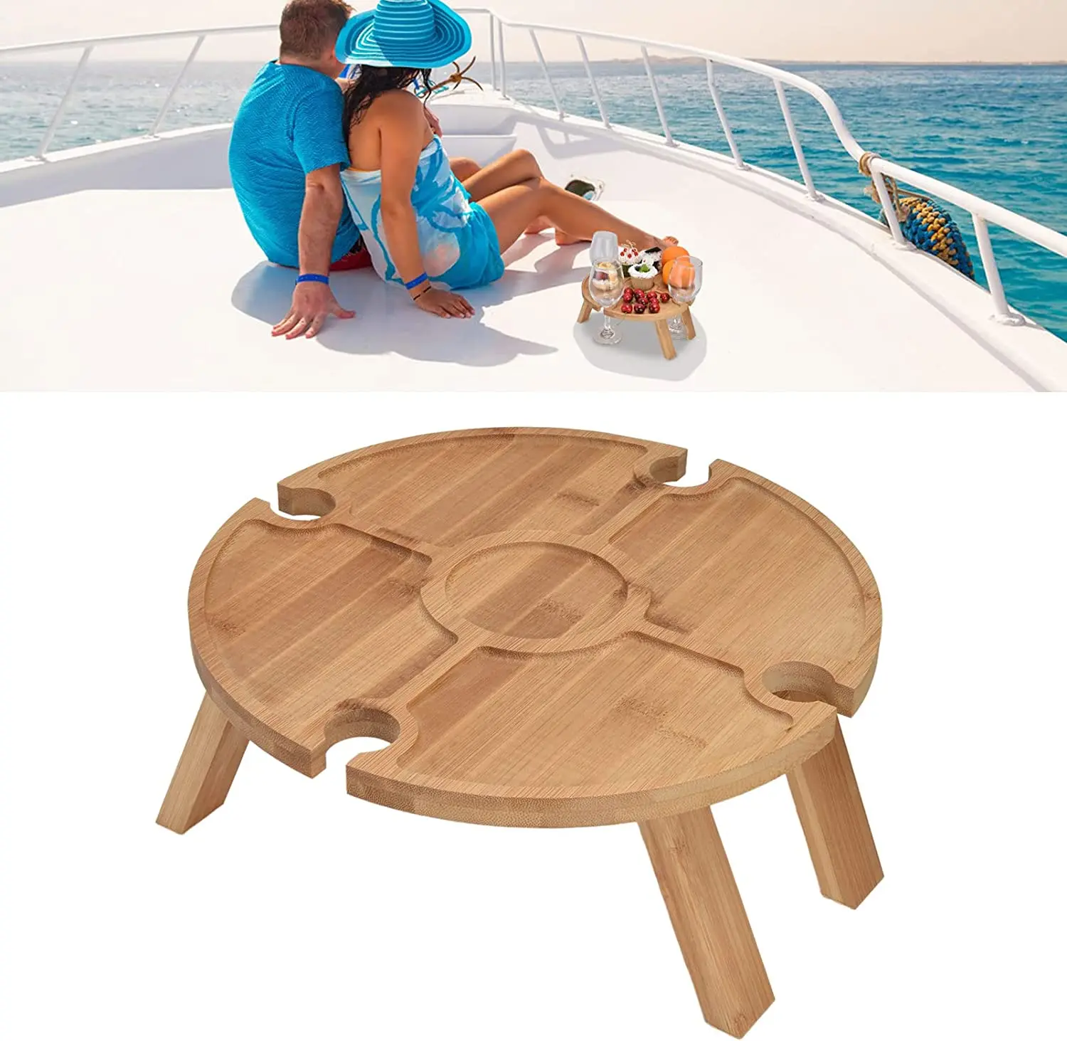 product folding mini tray bamboo portable wine picnic table with glass holders for beach camping-0