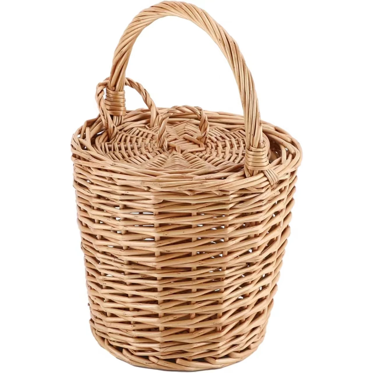 Small Wicker Basket Round Storage Bin with Handle and Lid for Cell Phones Toys Sundries