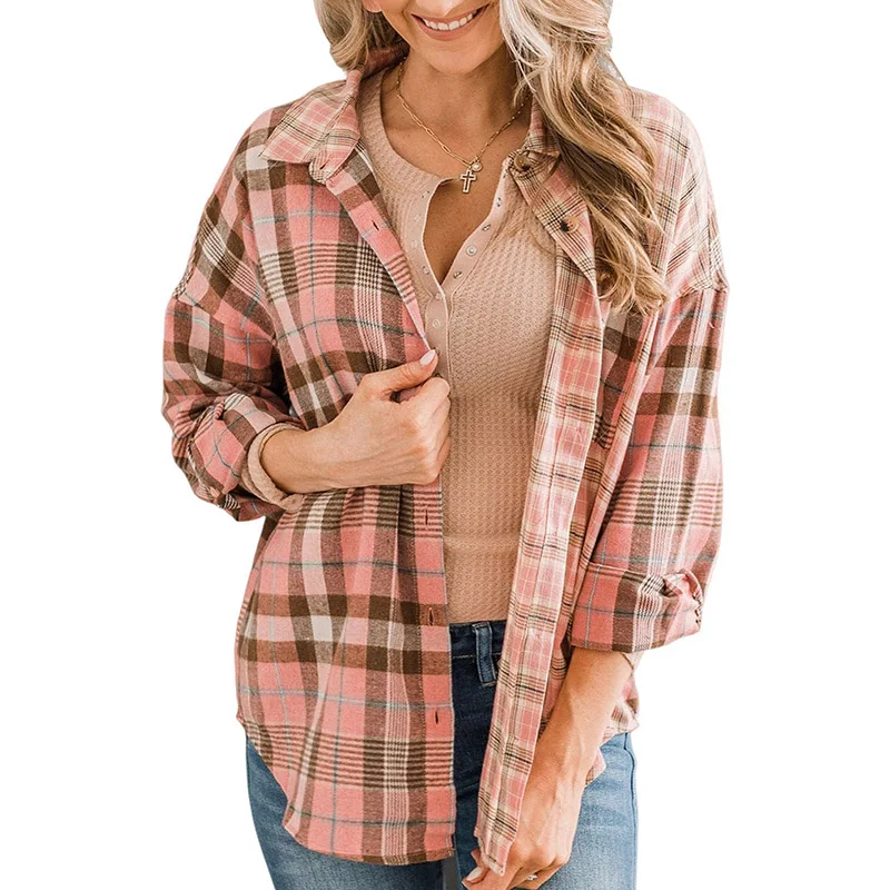 Dear-Lover Fast Shipping Wholesale Button Up Shirts Drop Shoulder Plaid Pattern Women Shirt