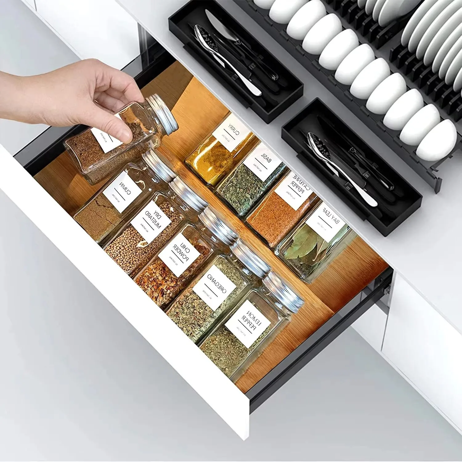 product bamboo vintage handmade 4 tier spice rack drawer organizer seasoning jars drawers insert kitchen cabinets organization storage-3