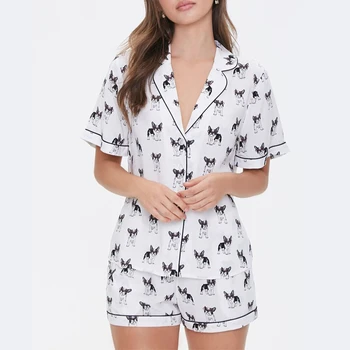 Custom Printing Bulldog Print Pajamas Set Cotton or Satin Contrast Piping Casual Women Nightwear