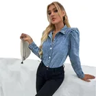 Shirt Wholesale Women Denim Shirt Turn Down Collar Puff Sleeve Slim Waist Fashionable Denim Blouses Coat