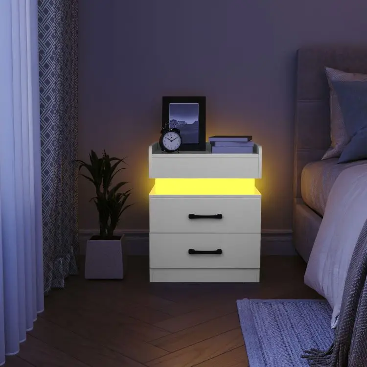 Modern Smart White Wooden 2 Drawer Bedside Table Wooden LED Nightstand Bedside Table With Charging Station Usb Ports For Bedroom