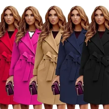 Long Wool Trench Coat for Women  Oversized Trendy Belt Coat Solid Color Fall Winter Lapel Peacoat Windbreaker