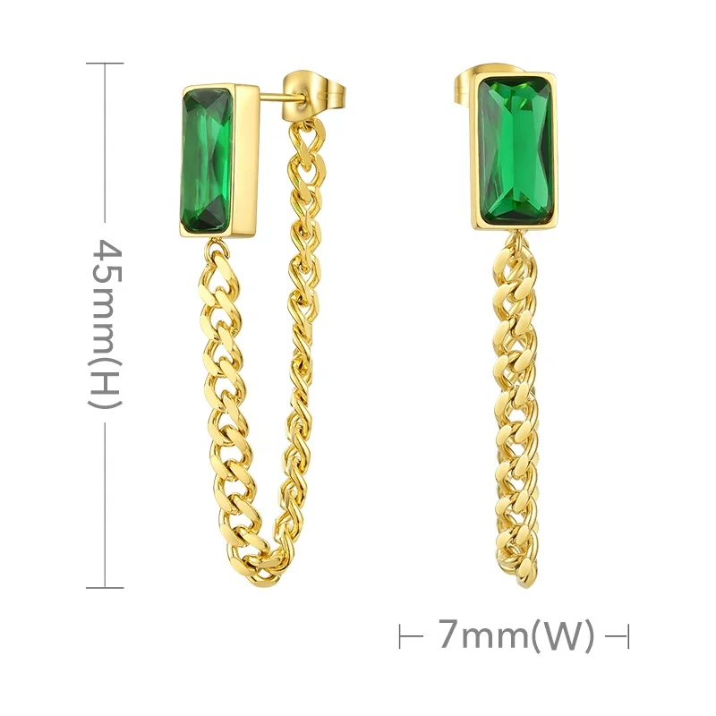 18K Gold Plated Stainless Steel Jewelry Long Green Square Diamond Tassel Cuban Chain Drop Earrings E201194