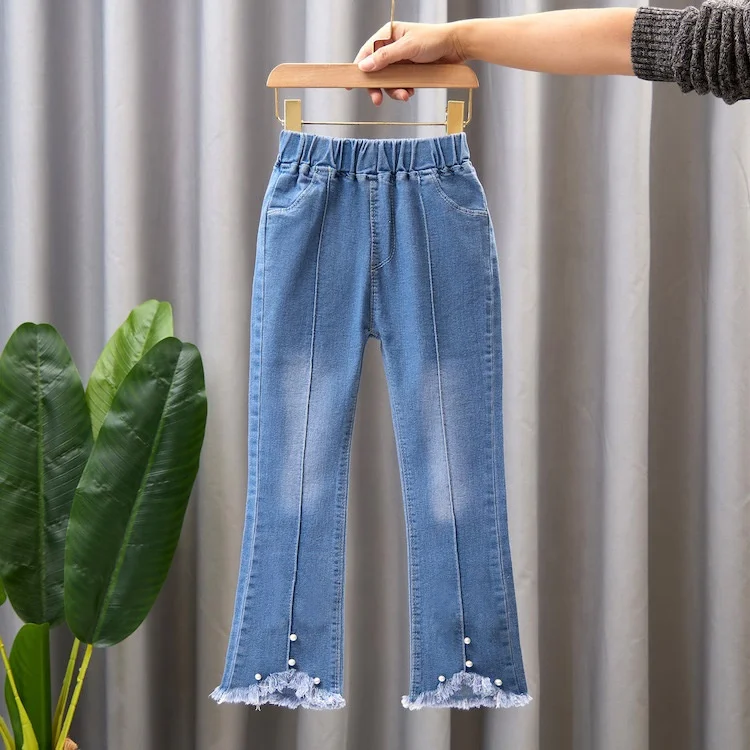 KIDSCOOL SPACE Little Girl Embroidered Slim Jeans, Big Girls Elastic Waist Denim Bottom Pants