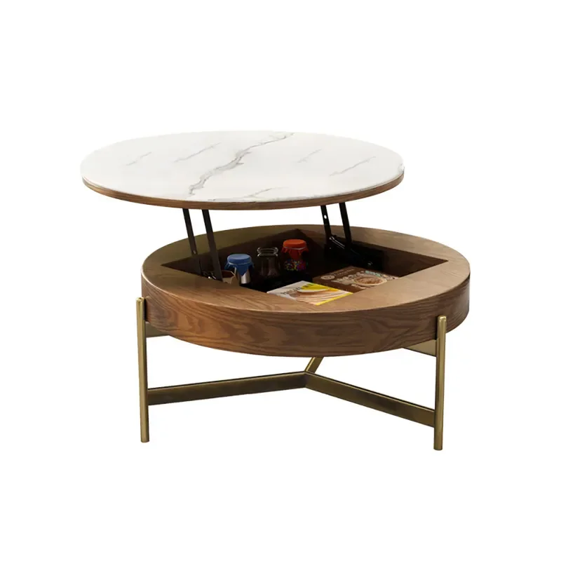 White and Walnut color modern round lifting coffee table set, practical and beautiful with storage space