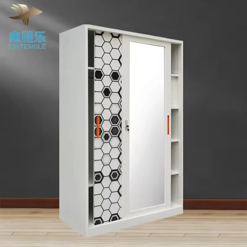 Modern Indonesia Printed Pattern Design Metal Sliding Door Kids Bedroom Furniture Modern Lemari Besi Pakaian Wardrobe