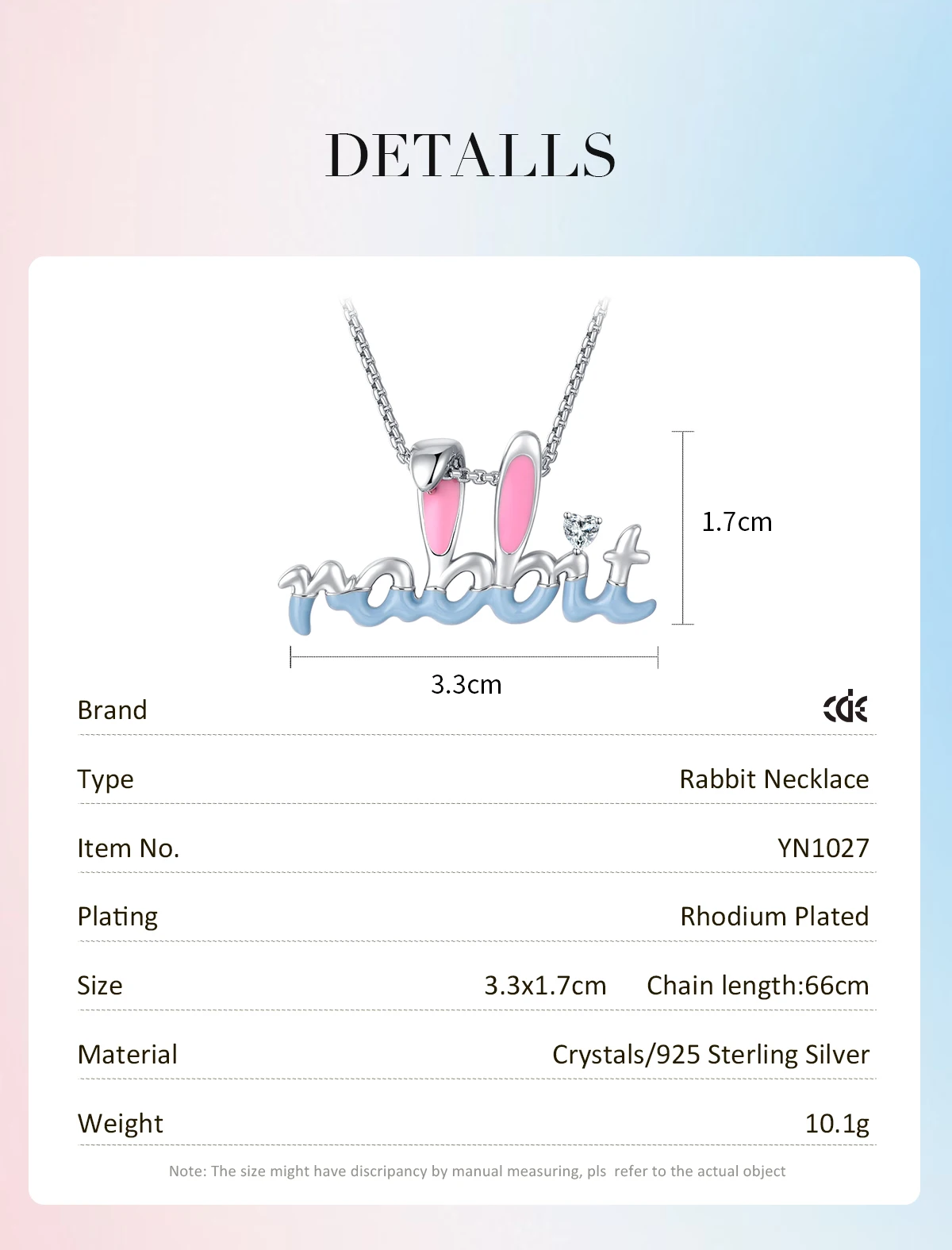 CDE YN1027 Fine 925 Sterling Silver Jewelry Heart Zircon Letter Rabbit Charm Cute Necklace Wholesale Girl Pendant Necklace