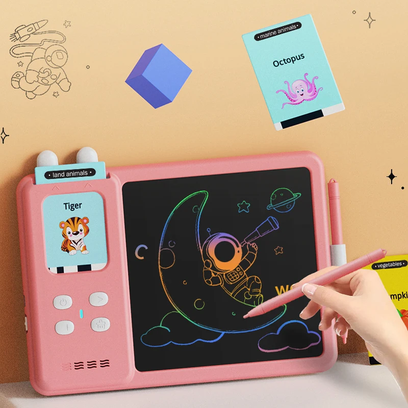 2 in 1 Educational Toys Sight Drawing Board Flash Card Machine, LCD Writing Tablet, English Talking Flash Card