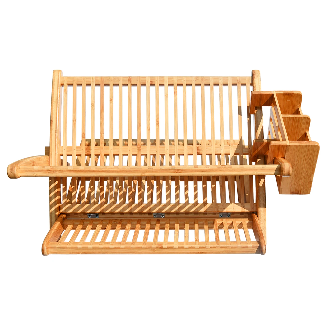 3 Tier Large Collapsible Bamboo Dish Drying Rack with Utensil Holder for Kitchen Plates, Cups, Mugs, Utensil