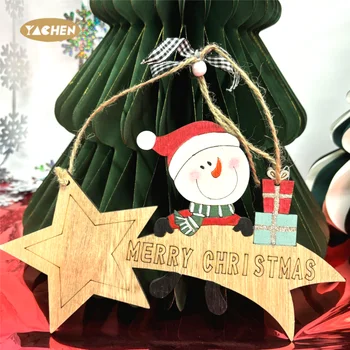 Yachen Christmas Snowman Wooden Pendant Meteor Shaped Ornament Hanging Pendants Festival Creative Christmas Decorations