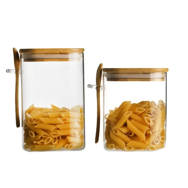 Square Glass Jars with Bamboo Lids and Spoons  for Loose Tea, Coffee and Sugar Glass Container for Yogurt Jars with Lids