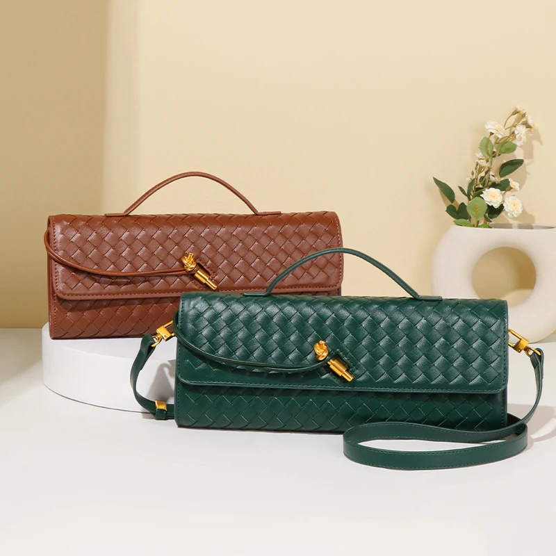 Spring and summer new women's handmade woven soft leather dinner bag in ancient organ bag horizontal handbag crossbody bag