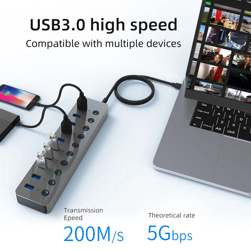 Factory Original 10 In 1 Usb Hub With Individual Switches Power Adapter 100W Charging Usb 3.0 Led Lights Plug Play 3.0 H 3