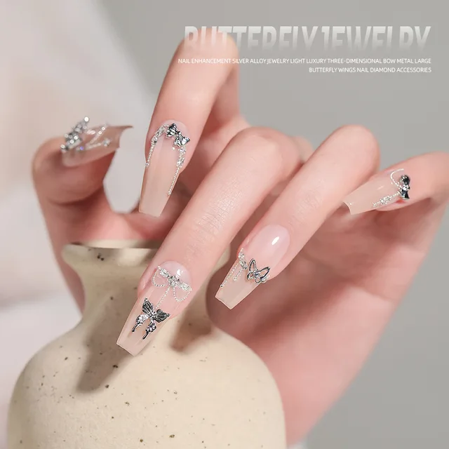 3D Butterfly False Nail Accessories Luxury Metal Silver Alloy Nail Decoration