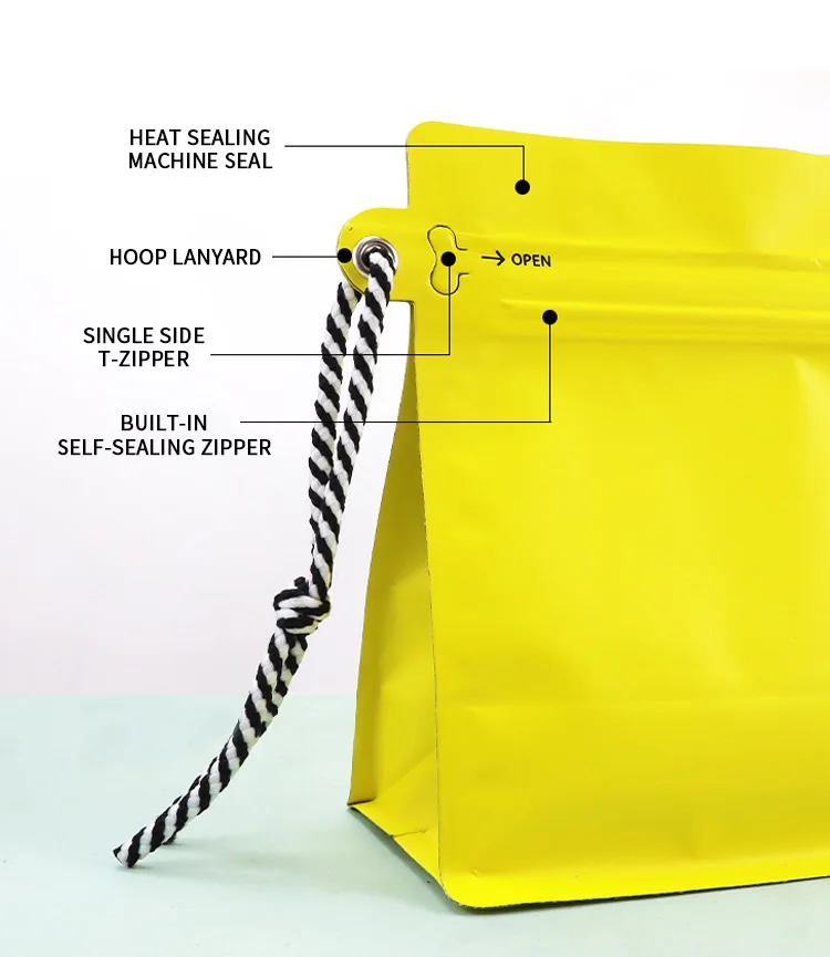 Cheap Custom Matte Eight Side Seal Square Coffee Bag With Lanyard and Air Valve Moisture-proof 125g 250g 500g Coffee Bag