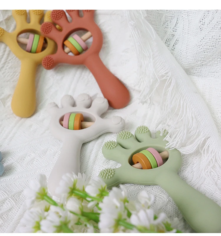 Paisen Wholesale Soft Silicone Stick Wooden Baby Hand Teether Rattle