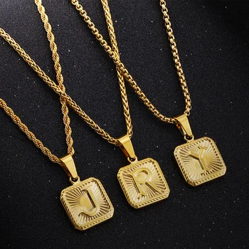 Personalized Gold Stainless Steel 26 Letter A-Z Initial Square Alphabet Pendant Chain Necklace