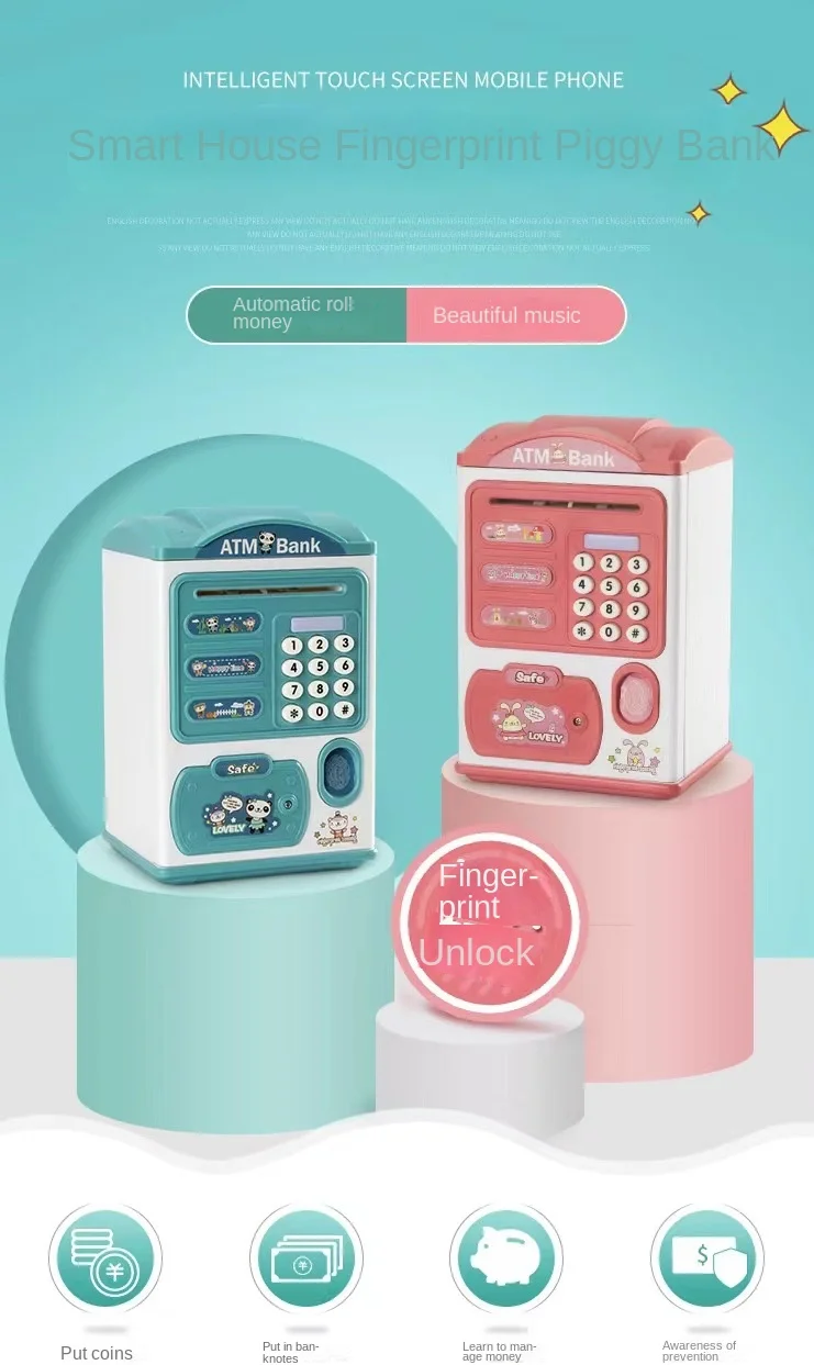 Automatic Induction Roll Money ATM Large Capacity Simulation Intelligent Electronic Fingerprint Password Suitcase Coin Bank