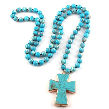 Fashion Lariat 8MM Blue Empire Stone Necklace turquoise Cross Pendant Necklace