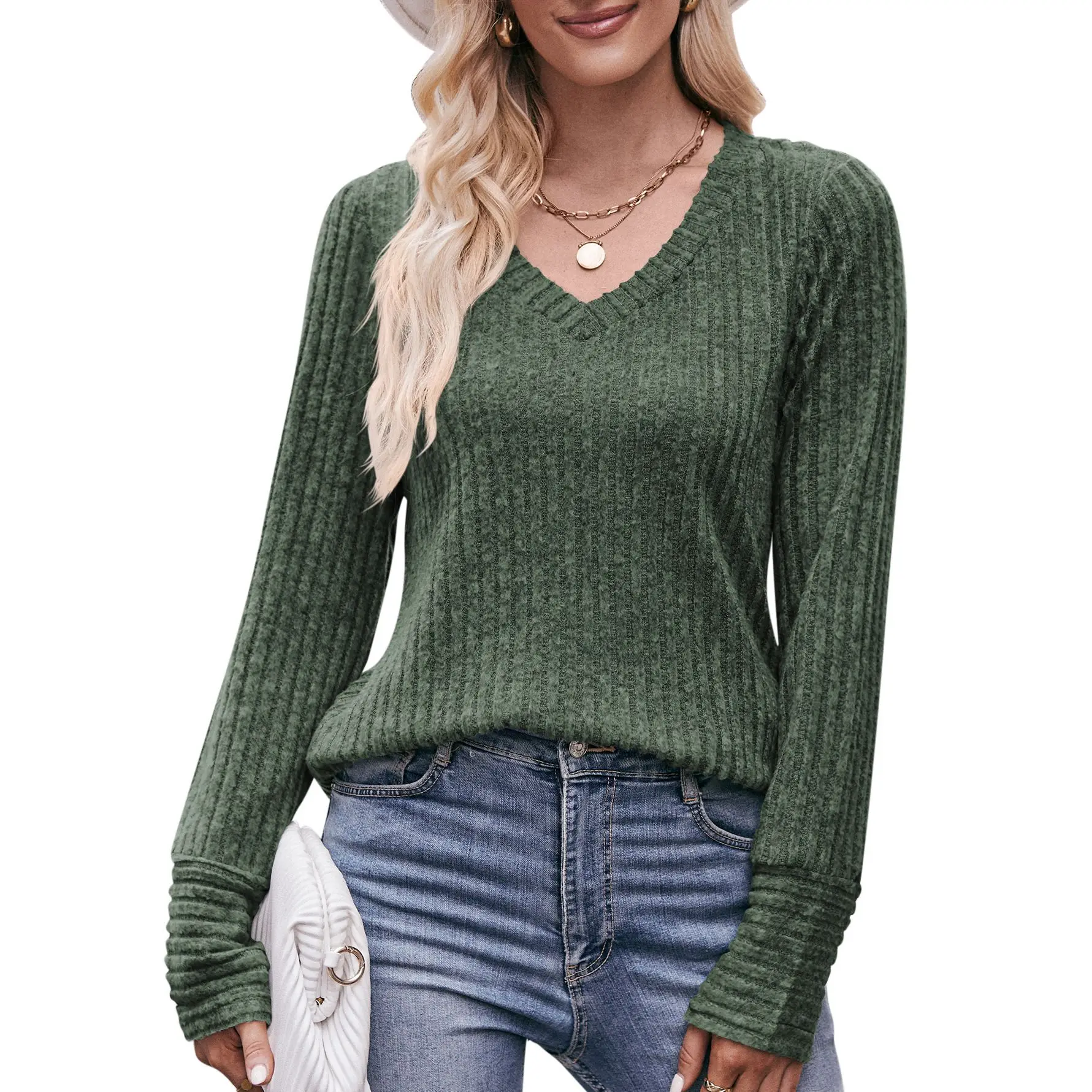 2023  Autumn New Fashion Simple Top Ground Wool Pit Strip V-neck Solid Color Women Comfortable Long Sleeve T-shirt