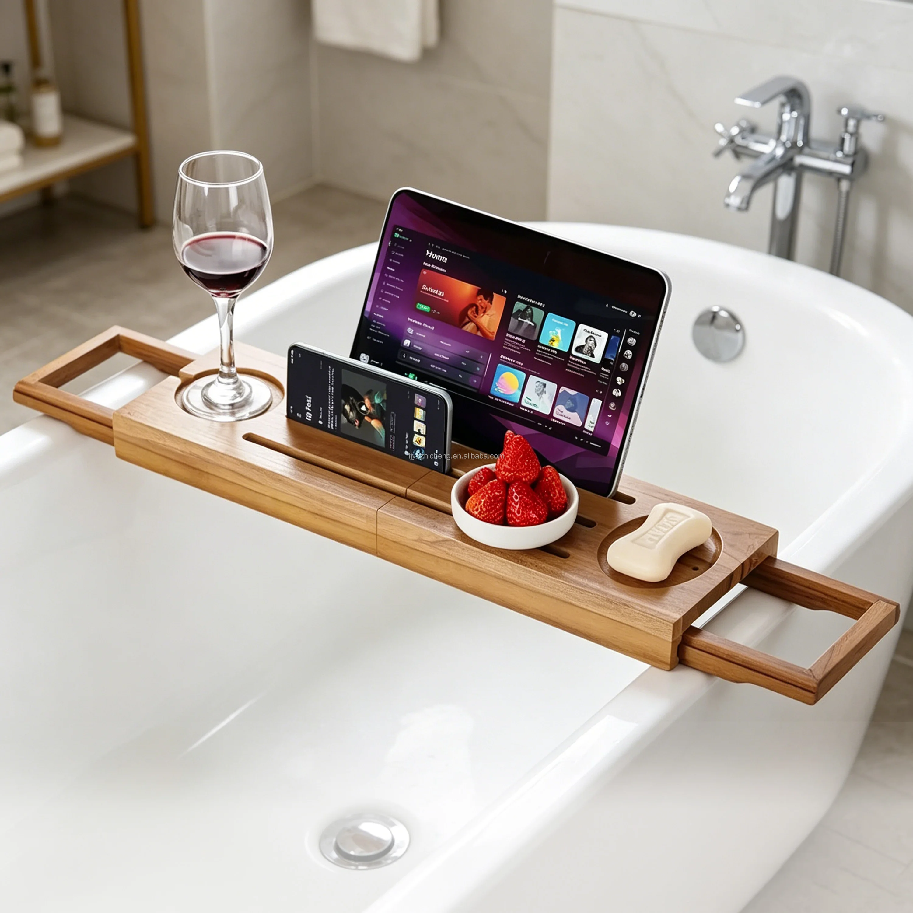 product expandable teak bathtub caddy tray with wine glass holder tablet phone stand soap dish foldable bathroom organizer-13