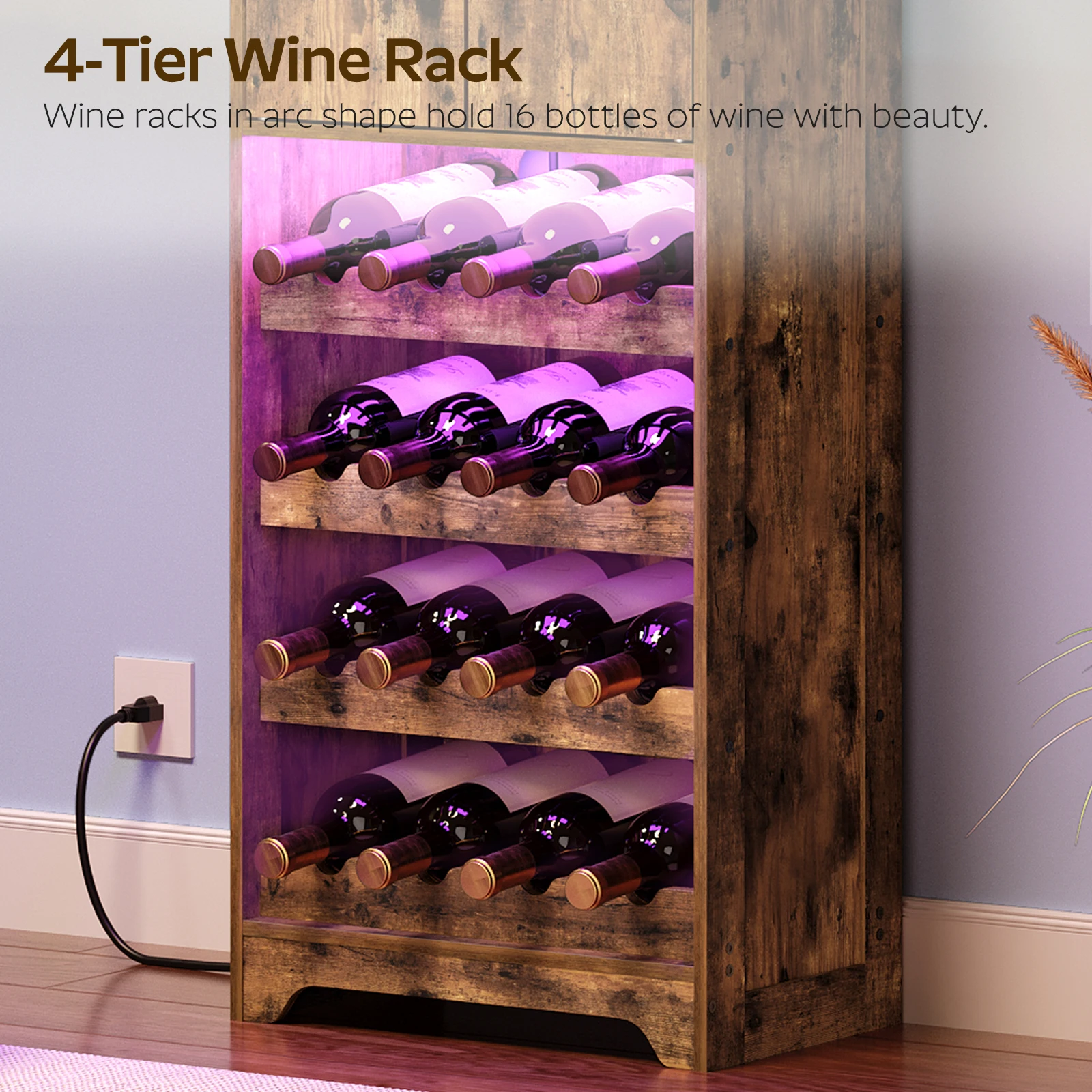 Wholesale Industrial Wood 4/5 Tier Shelves Wine Rack Bar Cabinet With Storage Charging Station for House Living Room Furniture