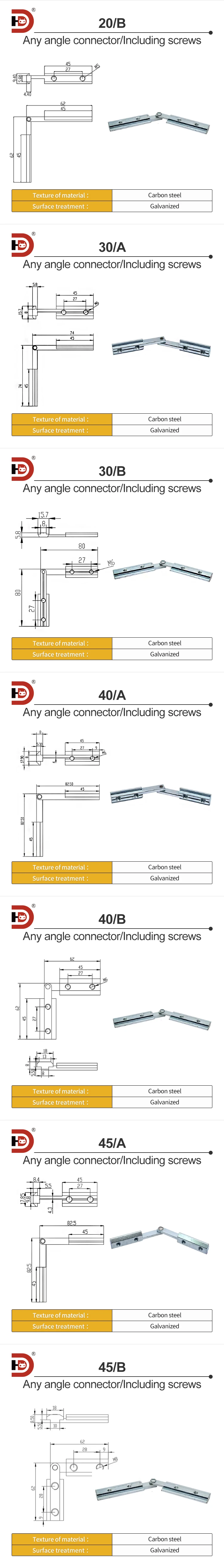 Any Angle Connector, 20G/30B/40B/45B Connector, Movable Aluminum Connector, Carbon Steel Material factory