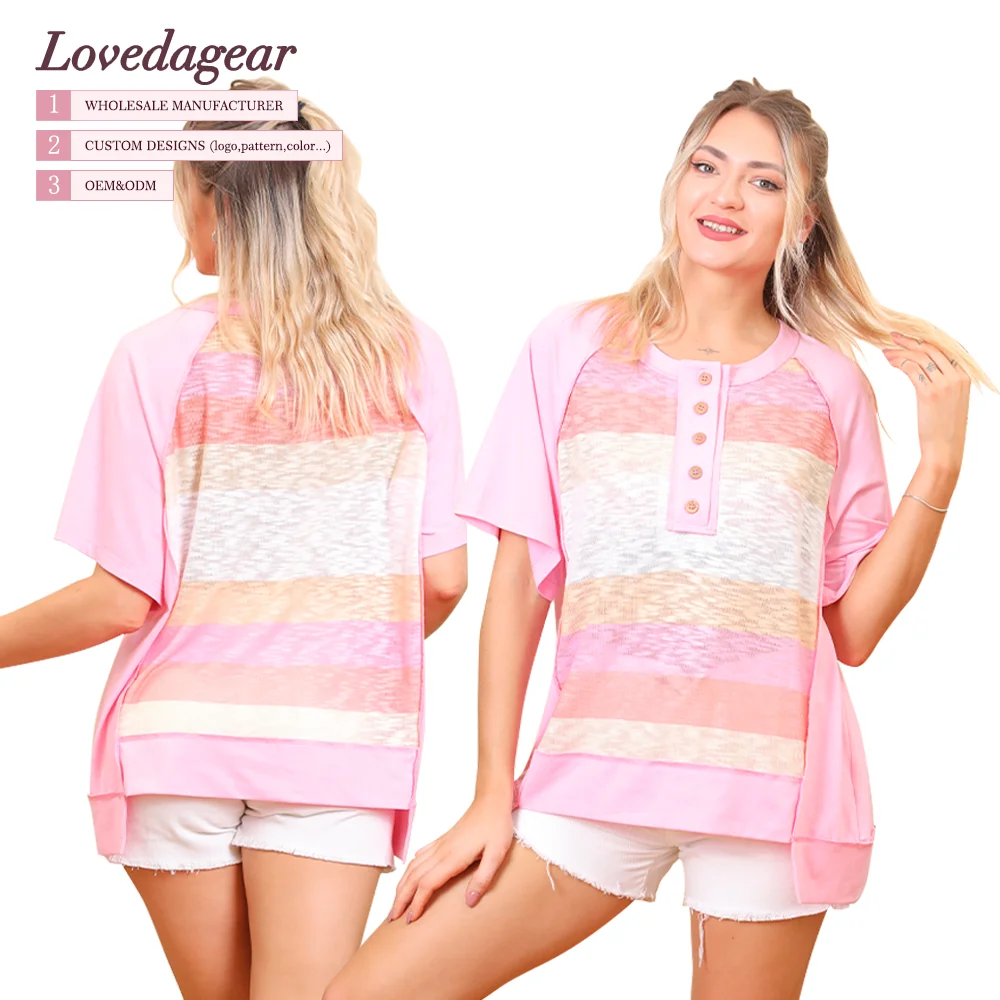 Wholesale Custom Patchwork Pink Stripe Round Cotton Collar Rainbow Women Blouse Ladies Tops T shirt For Women