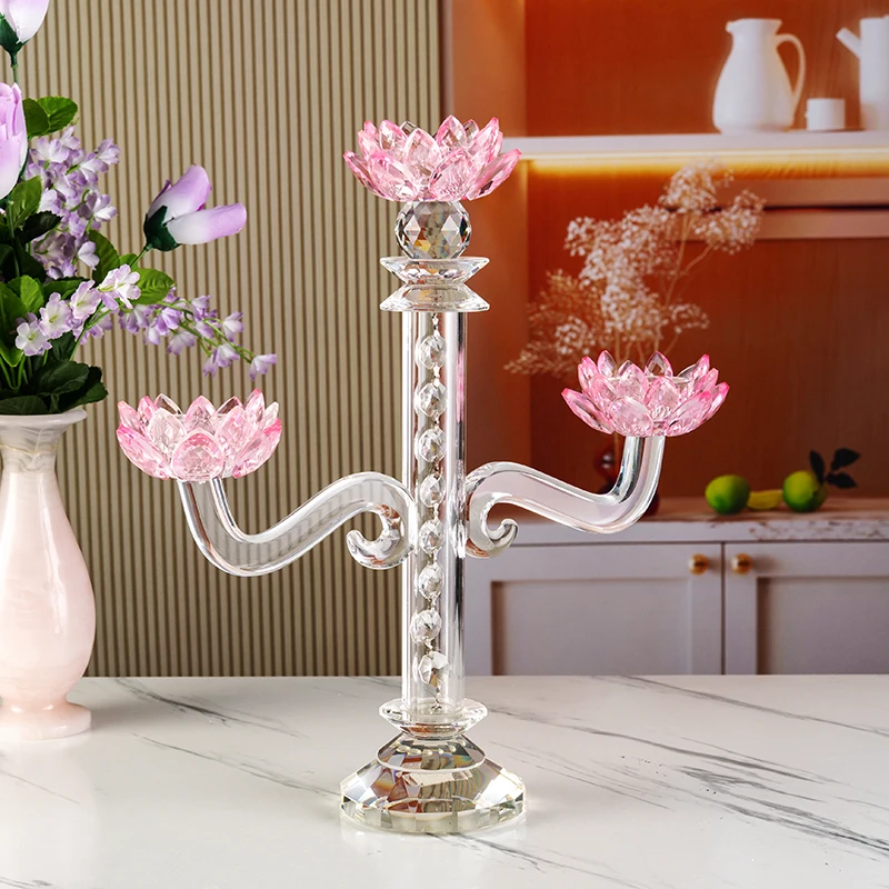 product small bridge glass high long handle three arm flower shaped candle holder wedding center home decoration candle holder-7