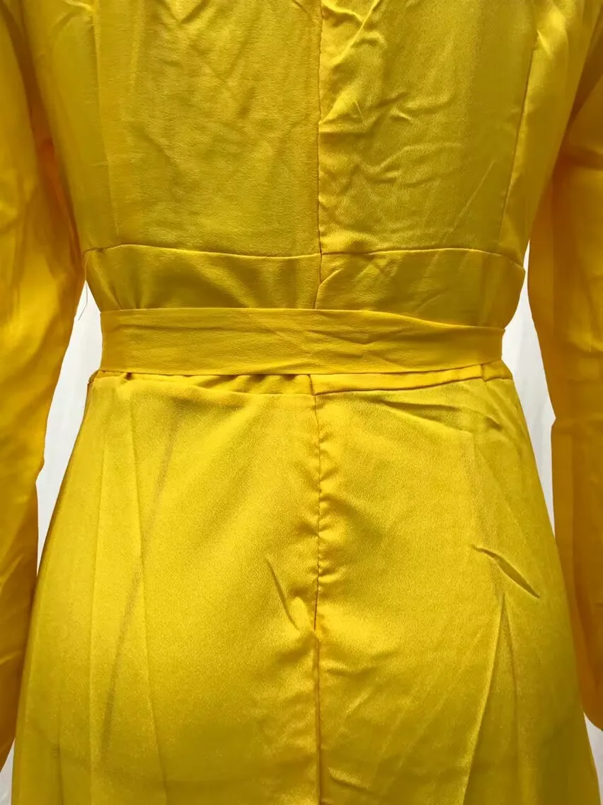 aladal2024跨界新款欧美女深v领拼接开缝长裙纯色时尚黄色连衣裙