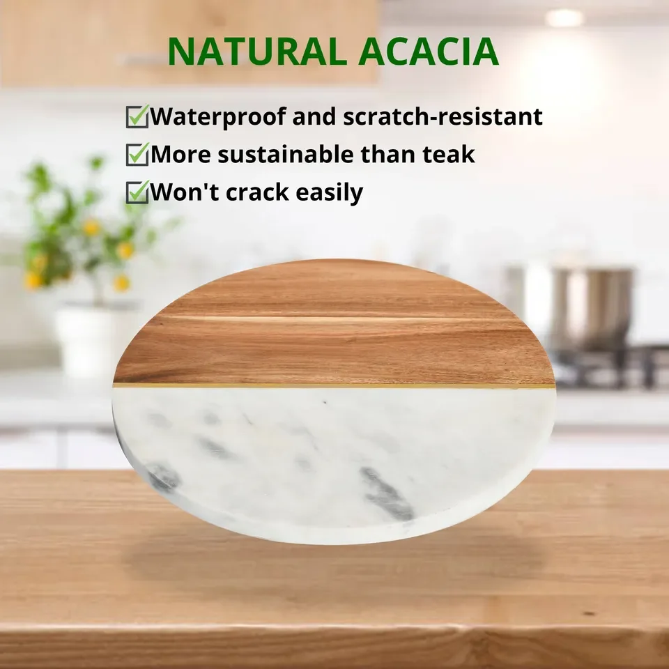 Kitchen Round Cutting Serving White Marble and Acacia Wooden Cheese Board for Meats with Marble Stone