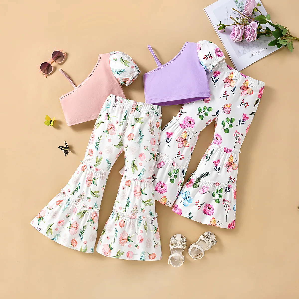 2023 summer toddler girls clothing sets one-shoulder shirt tops+flare pants sweet floral design little girls kids suits