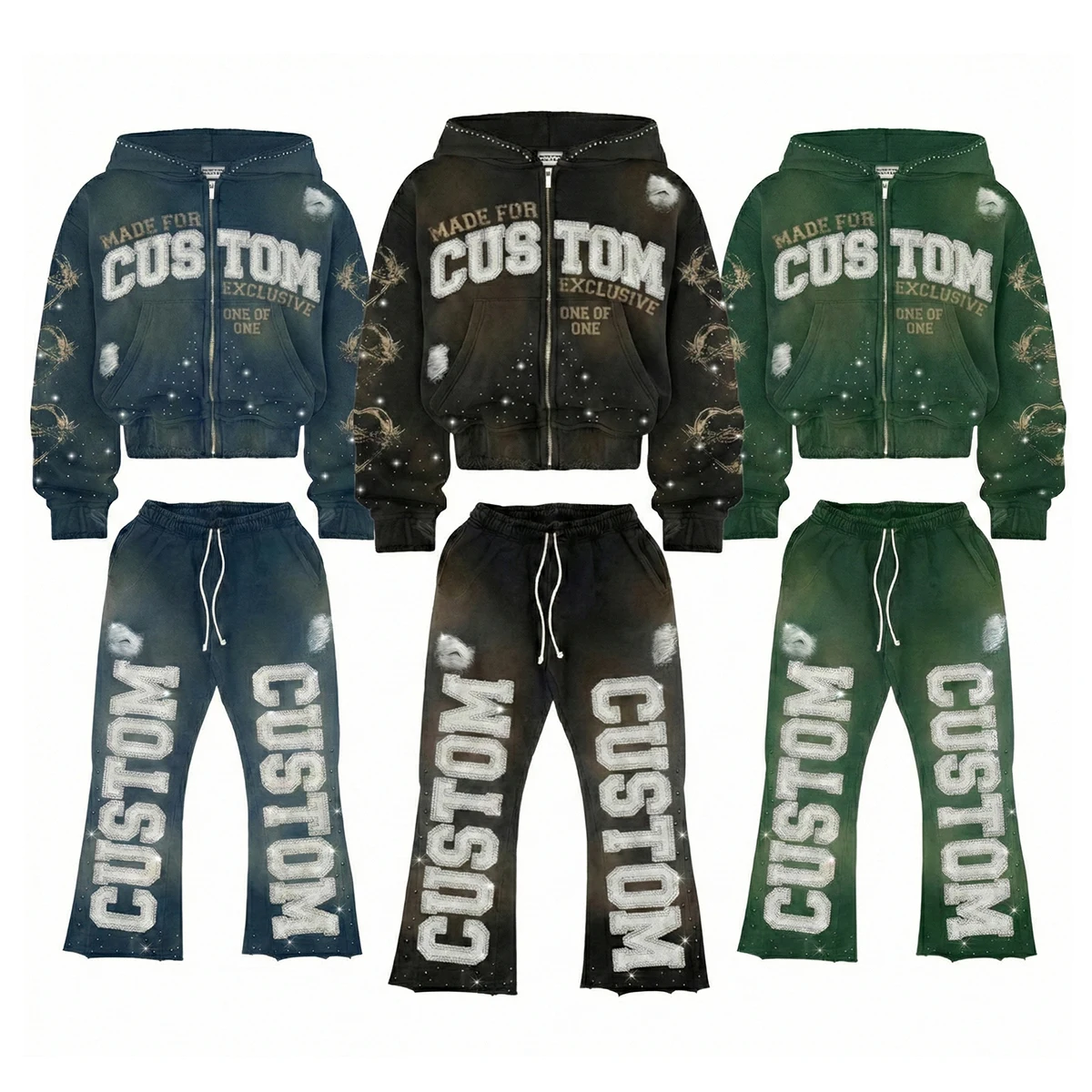 product mens hoodies tracksuit custom logo 100 cotton black distressed oversized acid wash print 500gsm rhinestone hoodie for man-2