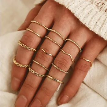 15 Piece Pack Bohemian Vintage Heart Shape Silver Gold Plated Knuckle Nail Midi Finger Metal Ring Women Five Finger Ring Set
