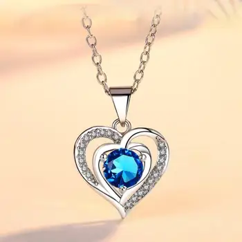 Blue Zircon Heart Charm Pendant Necklace And Sterling Silver 925 Post Earring Wedding Party Gift Jewelry Set For Women