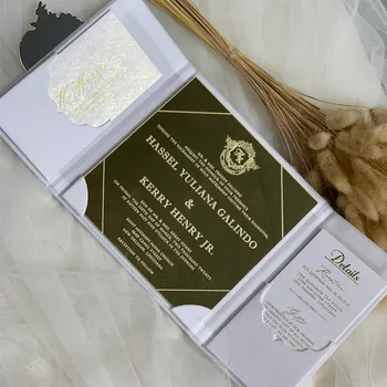 Luxury Velvet Fabric Wedding Invitation Cards Gatefold Hardcover Wedding Foil Mirror Acrylic Invitations with RSVP Card