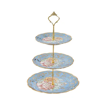 European Ceramic Three-Layer Fruit Plate Gold-Plating Afternoon Tea Snack Stand Living Room Dessert Cake Stand Stand Type Cake