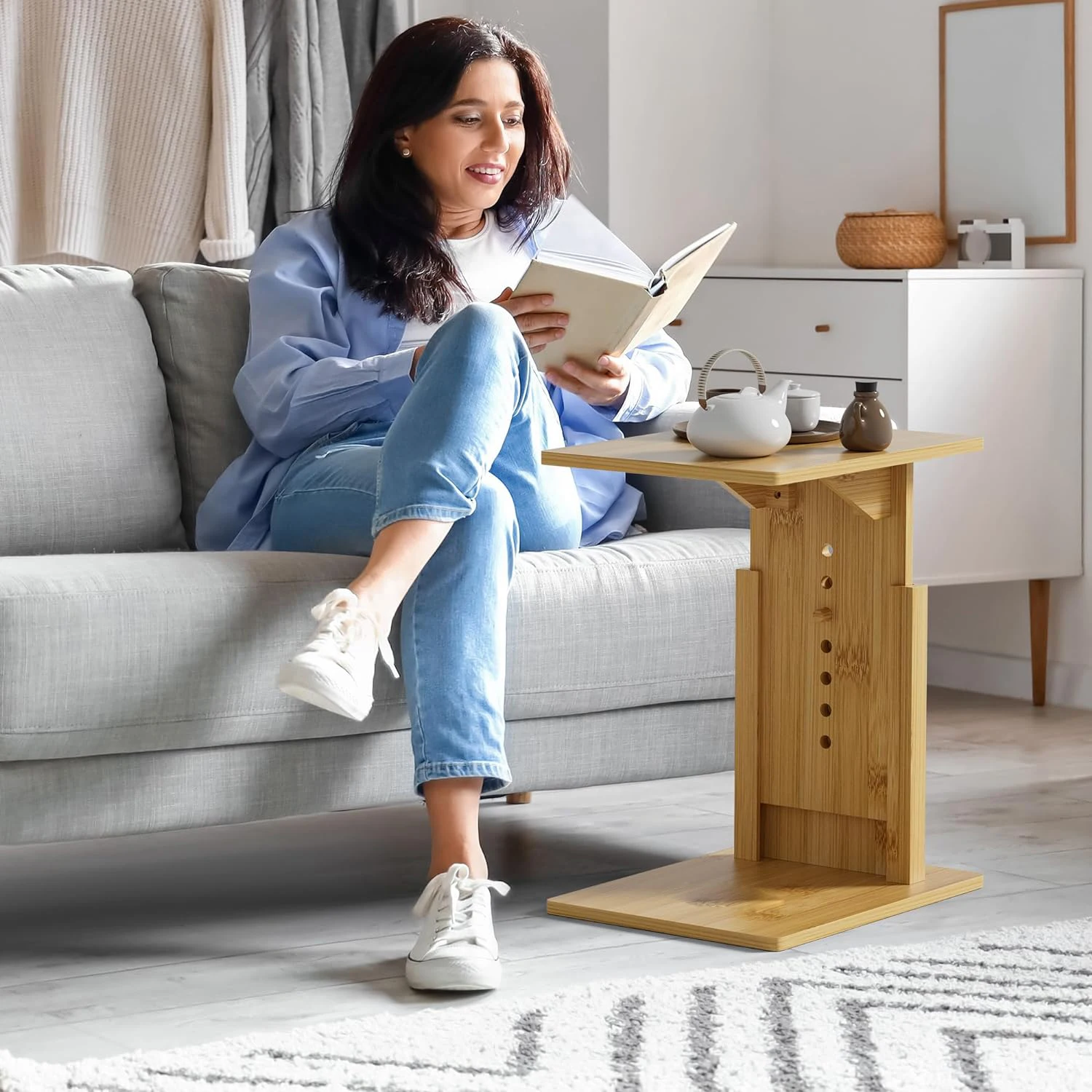 product modern adjustable wooden c shaped side table behind couch table tray bamboo end table for living room furniture-2