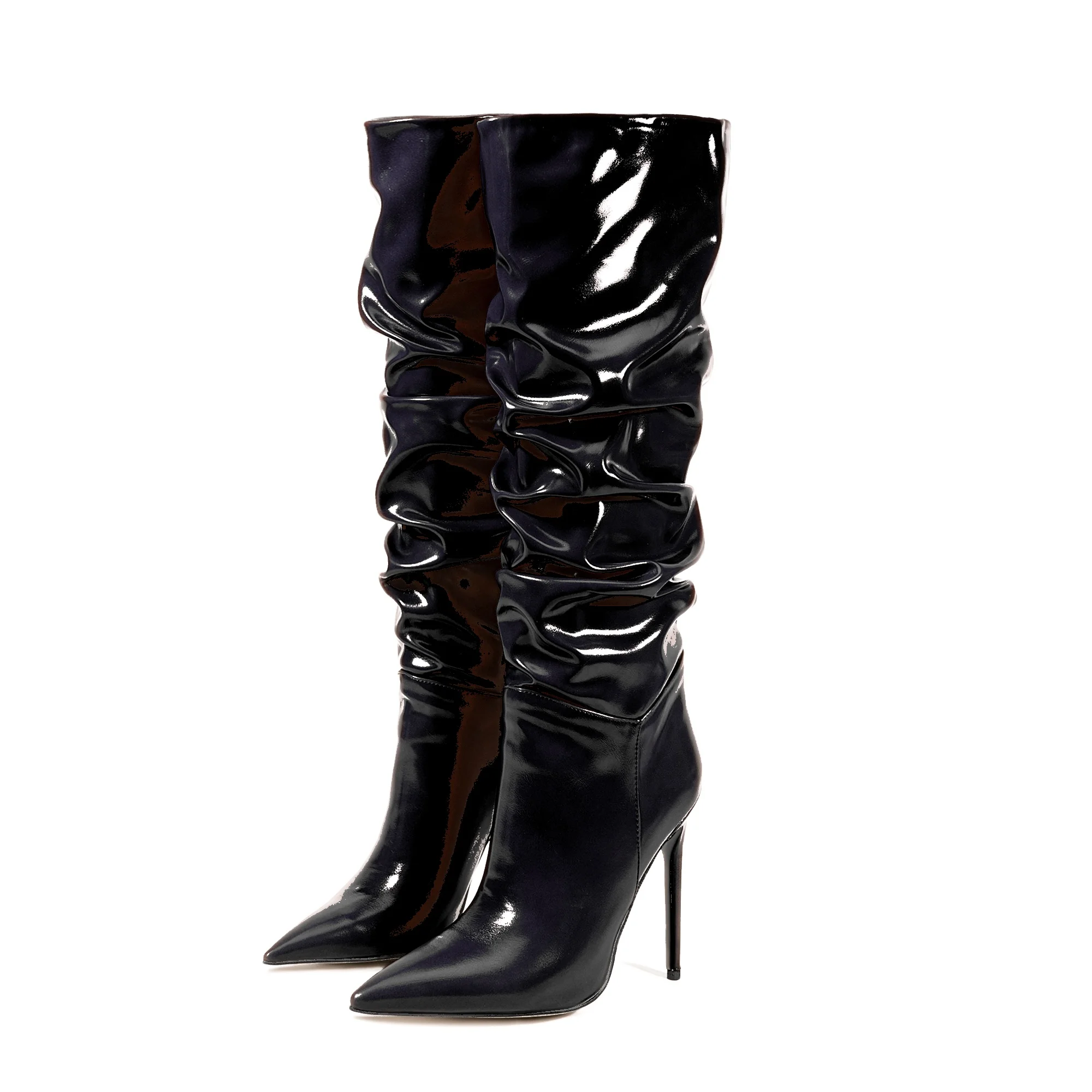 女式复古尖头皮革高跟鞋靴子酒红色棕色粉色膝盖高带毛绒衬里闭合秋季