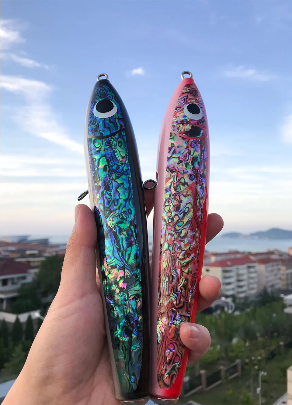 Topwater Tuna Trolling Lure Abalone Shell Wooden Lure 120g 17cm Stick