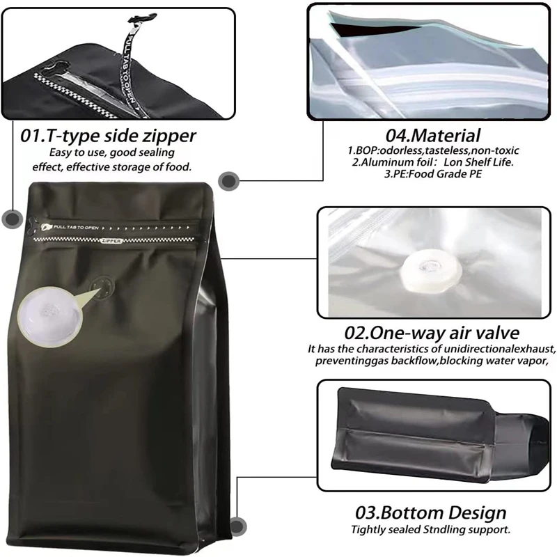 Custom Wholesale 250g 500g 1kg Coffee Pouches Zipper Aluminum Foil Flat Bottom Bags with Valve