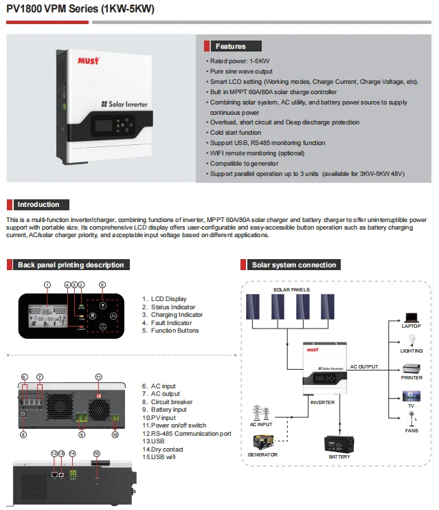 Must Pv1800 Vpm Series 1kw 2kw 3kw 4kw 5kw 12v 24v 36v 48v 60a 80a Mppt