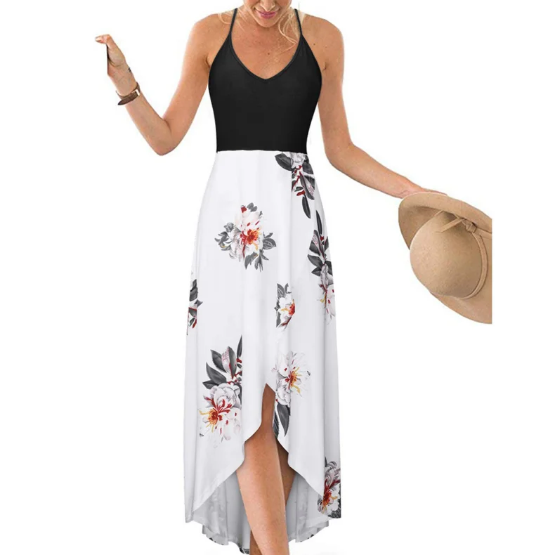Multiple Options Skirts Floral Printed Short front and long back Casual Dress Black Top Summer Maxi Dresses 2021