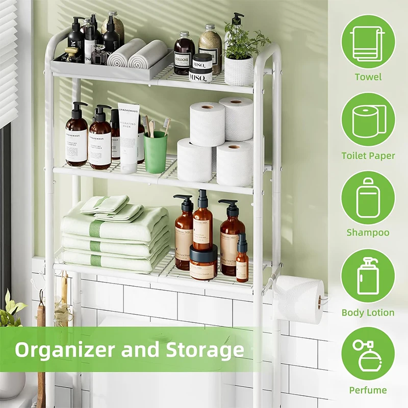 Bathroom with Hooks Metal 3 Tier Over The Toilet Storage Rack supplies Paper roll Holder towel Bathing supplies Organizer Shelf