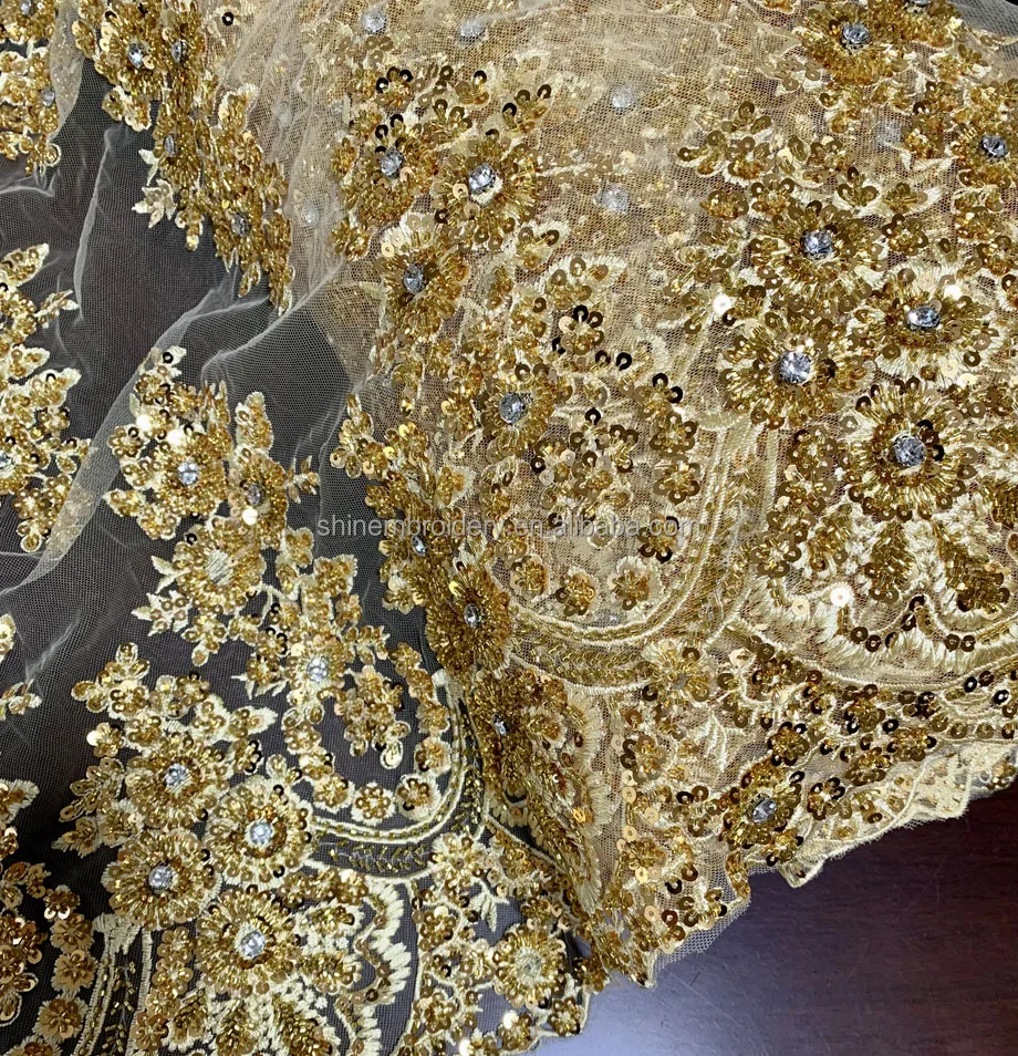 Luxury Heavy Gold Beaded Lace Fabric Shinning Machine Beaded Sequin