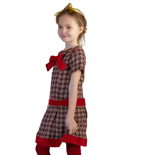 Custom winter fashion tweed toddler girls dresses kids clothing girls short sleeve new arrival girl child dress with red bow