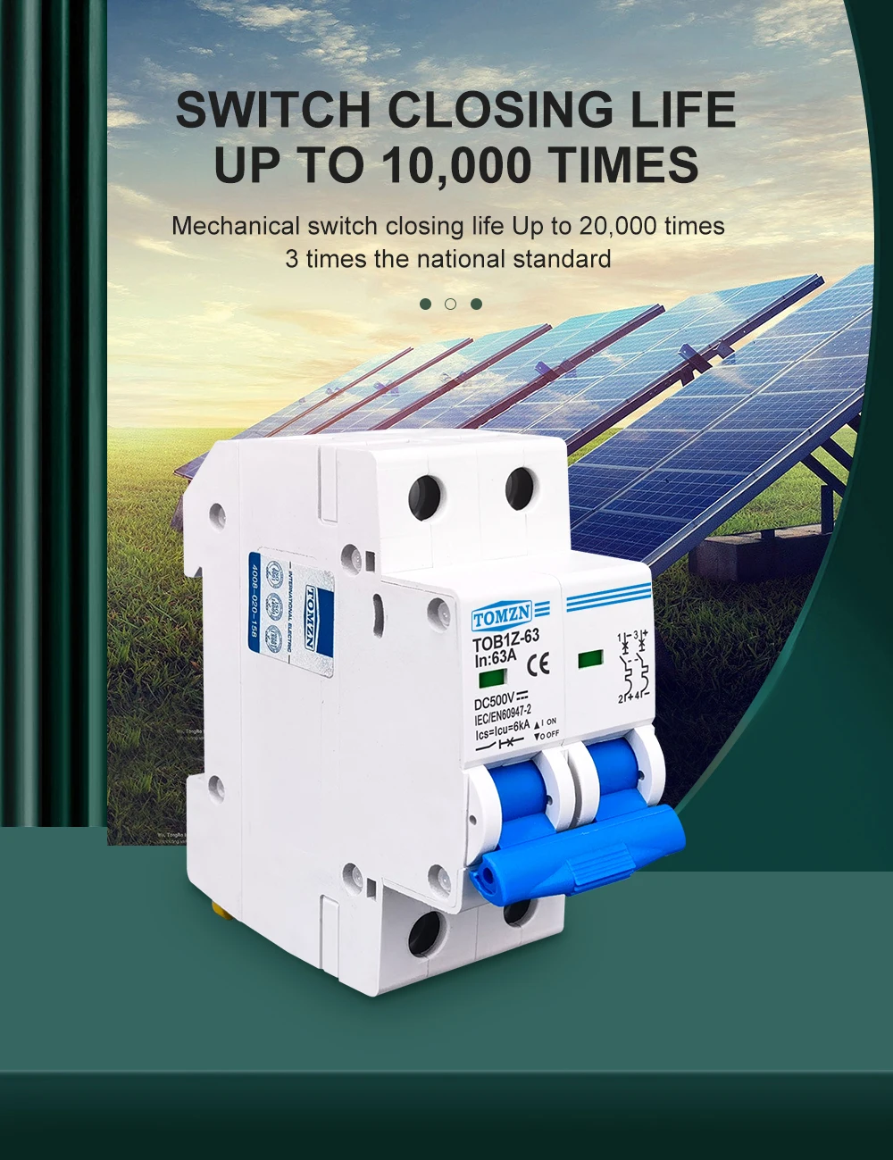 2P DC MCB 6KA 500V Mini Circuit Breaker 3A 6A 10A 16A 20A 25A 32A 40A 50A 63A Y Connection