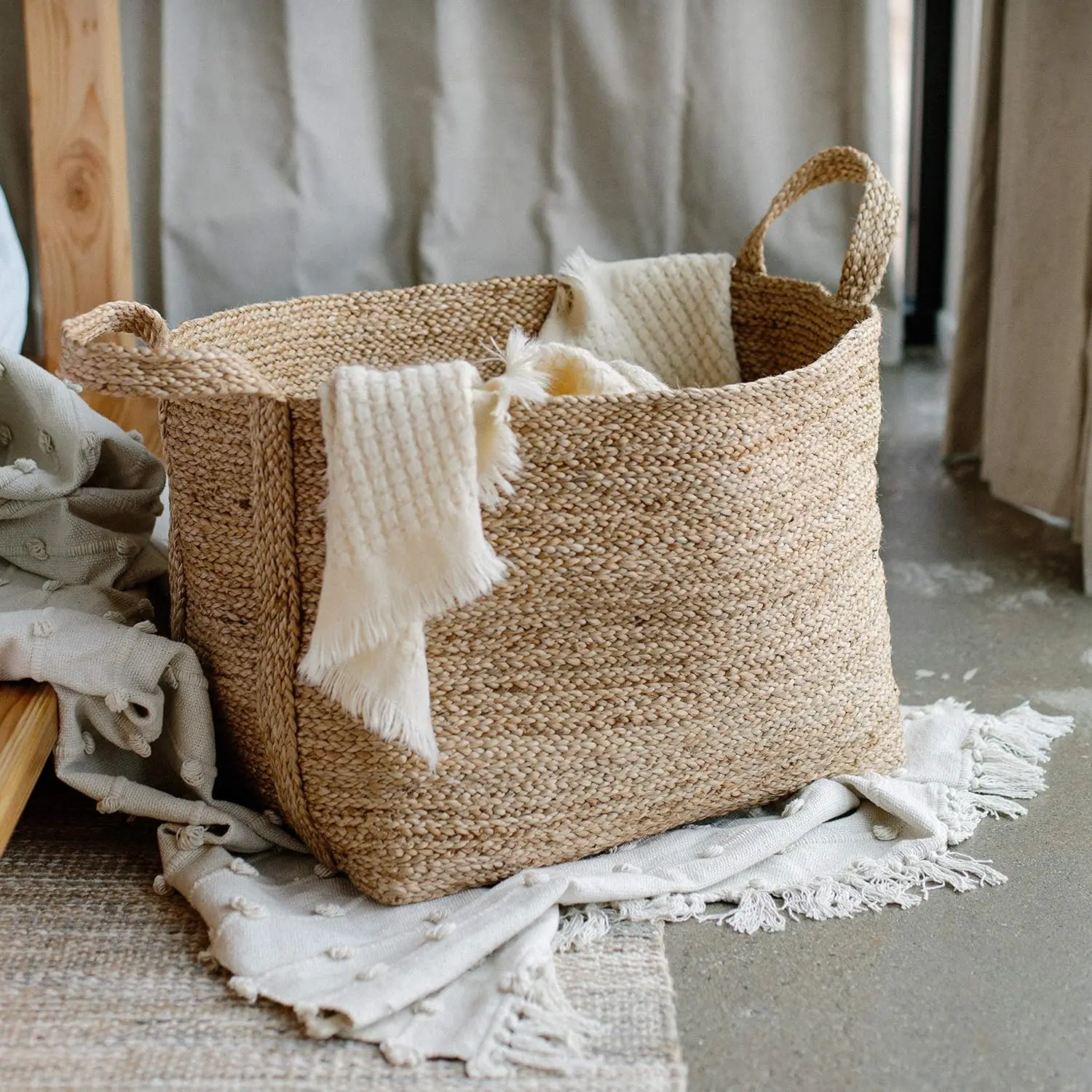 Large Handmade Woven Storage Basket  Jute  Tall Decorative Rope Basket for Living Room, Toys, Storage, Towel